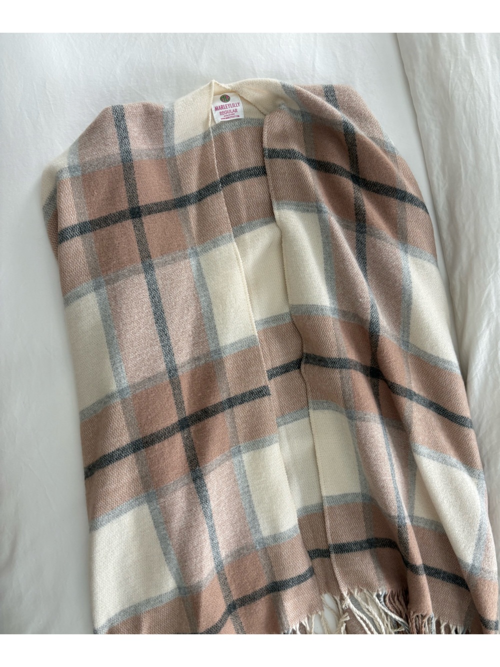 Madewell Plaid Fringe Wrap Scarf in Cream and Blush